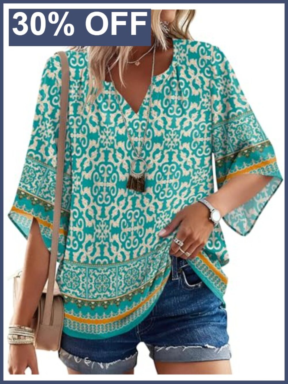 Women's Boho Peasant Tunic Top 3/4 Sleeve V-Neck Loose Fit Blouse